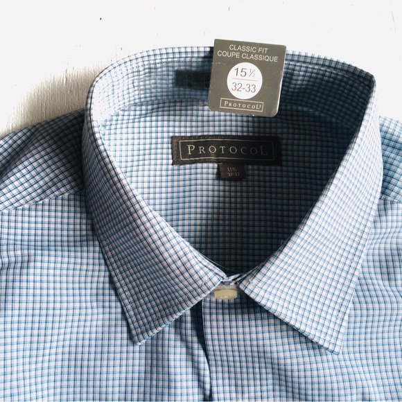 NWOT Protocol Blue Check Dress Shirt 60% Cotton Blend Size 15 1/2 Sleeve 32/33 - Picture 4 of 5